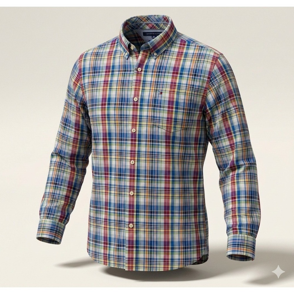 Tommy Hilfiger Men's Red, White, & Blue Plaid Button Up Dress Shirt. Size L
